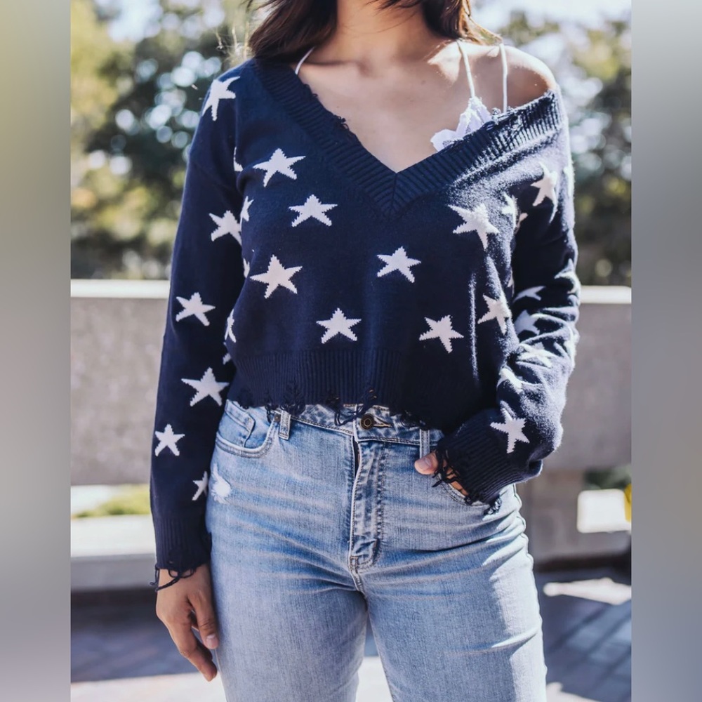 Distressed Navy star sweater